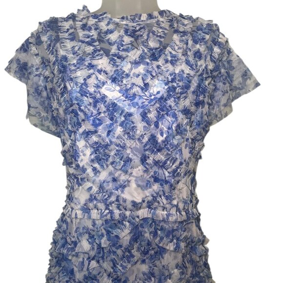 Mac Duggal 8009 Blue White Floral Chiffon Ruffle Gown Size 18 NWT - Picture 5 of 7